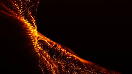 Digital particles wave flow gold color with bokeh abstract motion background conceptの写真素材