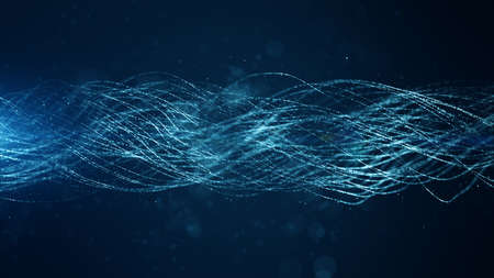 Abstract blue color digital particles line wave with bokeh and light background