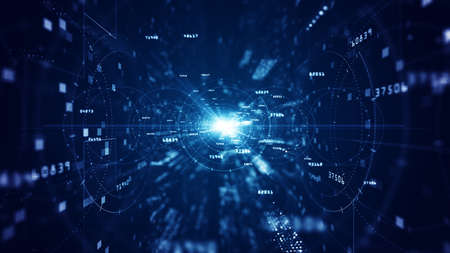 Blue digital cyberspace with particles and digital data network connections background concept.