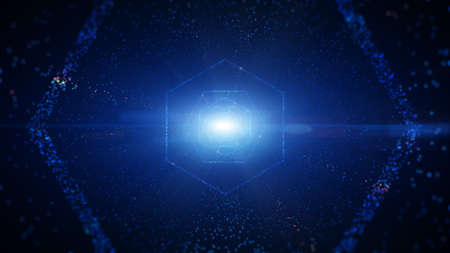 Hexagon digital tunnel of cyberspace with particles and lighting, Technology network connections...