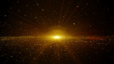 Abstract gold color digital particles flowing with dust and light background