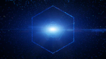 Hexagon digital tunnel of cyberspace with particles and lighting, Technology network connections...