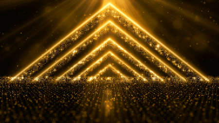 Digital gold color particles flow with dust and bokeh, Digital Stage floor and lighting for display your product backgroundの写真素材