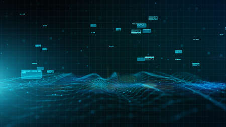 Blue Digital Cyberspace Digital data network connections, Wave flowing with lines and dots...