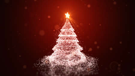 White Christmas tree with shining light on red background, falling snowflakes and stars. Christmas or New Year background Conceptの写真素材