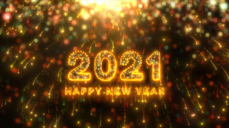 Beautiful Fireworks and bokeh of 2021 Happy New Year greeting text with particles and sparks....