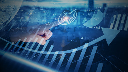 Hands touch Digital data financial investment trends, Financial business diagram with charts and...