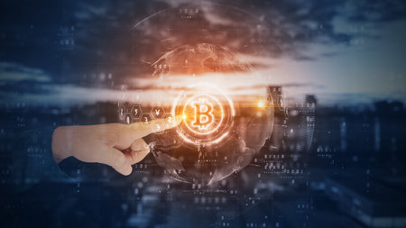 Hands touch bitcoin blockchain cryptocurrency digital encryption, Digital money exchange, Technology...