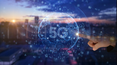 Hands Touch 5g High Speed Connection of Internet of things IOT, Futuristic Global and Social Network...
