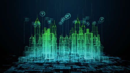 Smart City with wi fi connection conceptual, Technology 5g communication concept. Futuristic data network connected. Internet of things background concept. 3d renderingの写真素材