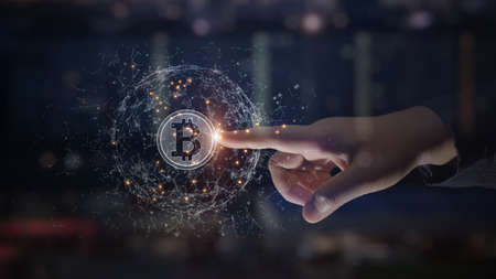 Hands touch bitcoin blockchain cryptocurrency digital encryption, Digital money exchange, Technology...