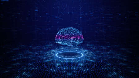Artificial intelligence concept. Brain over a circuit board. HUD and technology connection data analysis, Future technology digital backgroundの写真素材