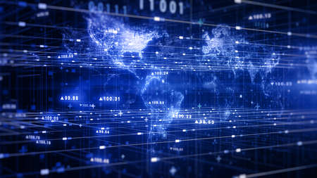 Technology Digital data financial investment. Financial stock numbers showing profits and losses,...