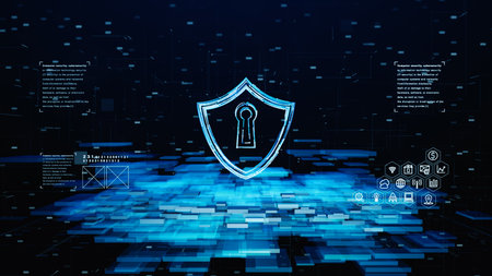 Shield Icon of Cyber Security. Digital data Network Protection. Network Connection Data Analysis. Technology Digital Data Future Backgroundの写真素材