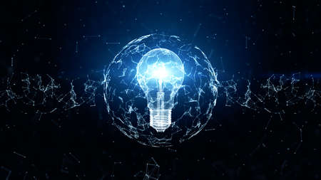 Creative idea concept, Technology digital data network connection with lamp on blue background, Motion abstract background. 3d Renderingの写真素材