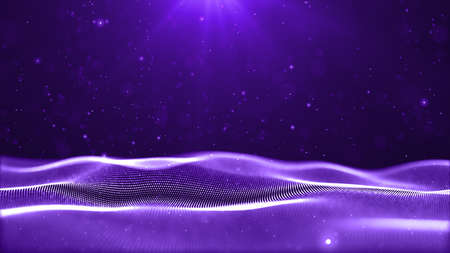 Purple color digital particles wave flow and light flare, abstract technology background concept