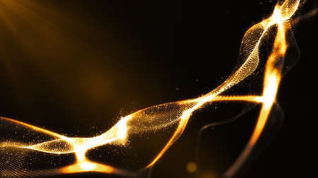 Gold particles spark wave flow background. Flicker particle on black background. digital abstract...