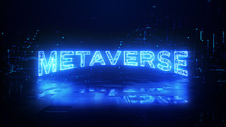 Metaverse Text Cyberspace Futuristic Background, Future Digital Technology Entertainment Abstract Background. 3d renderingの写真素材