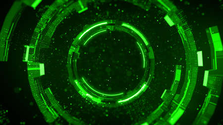Green digital tunnel of cyberspace with particles, Future technology geometric shape abstract background. 3d renderingの写真素材