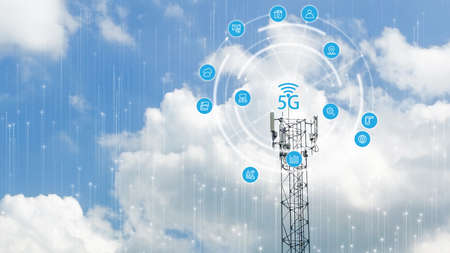 Double Exposure of Telecommunication tower of 4G and 5G cellular. Wireless Communication Antenna...