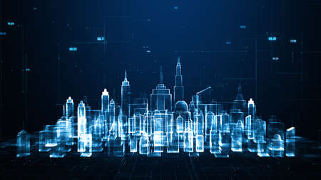 Smart city using artificial intelligence. Futuristic technology internet and big data 5g connection. Cybersecurity digital data background 3d renderingの写真素材