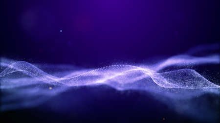 Abstract blue color digital particles wave flow with bokeh and lighting, Premium environment background 3d renderingの写真素材