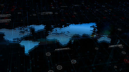 Blue Map of The Earth, Digital Cyberspace and Digital Data Network Connections. Worldwide Big data...