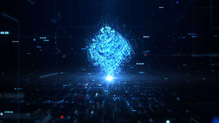 Blue Digital Cube Circle Rotation, Technology and Metaverse, Technology Digital Data Network and...
