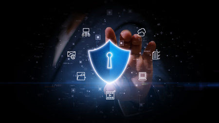 Businessman Show Shield Icon Cyber Security, Digital Data Protection, Future Technology Digital Data Network Connection, Technology Abstract Background Conceptの写真素材