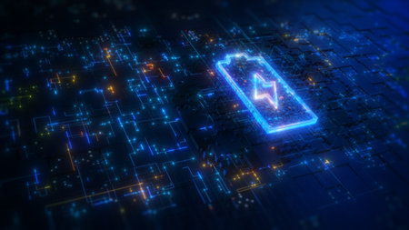 Battery to electric cars and mobile devices with clean electricity, Technology battery high power electric energy, Green renewable energy battery storage, Technology digital background 3d Renderingの写真素材