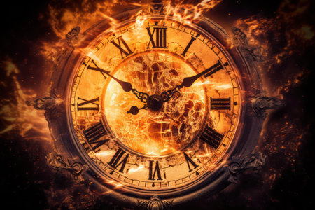 a clock that is on fire with flames around itの素材