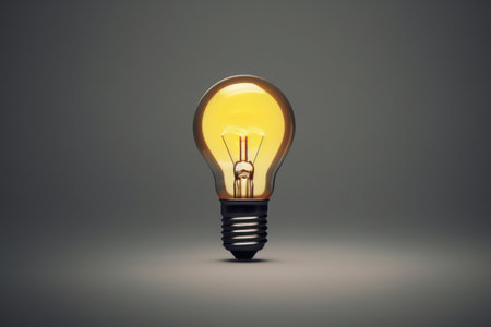 Glowing yellow light bulb on grey background. Idea concept. 3D Renderingの素材