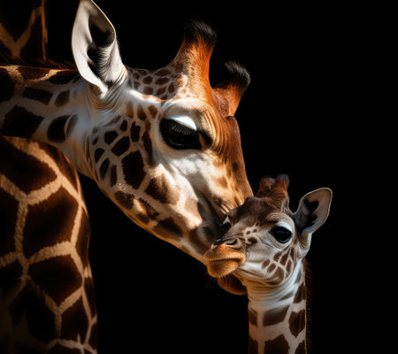 Mother and baby giraffe isolated on black background. Studio shot.の素材