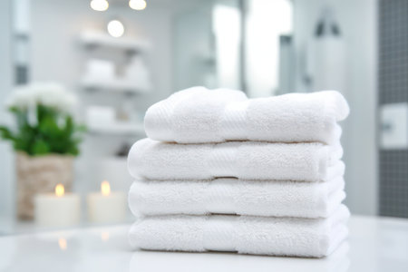 stack of clean white towels on a table with blur backgroundの素材