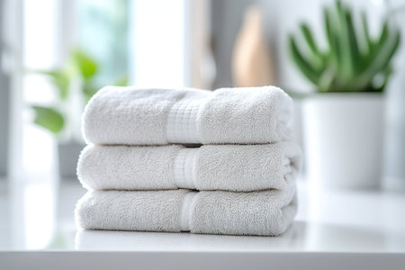 stack of clean white towels on a table with blur backgroundの素材