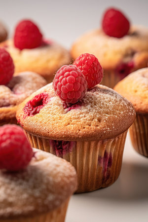 closeup shot of a group of raspberry muffinsの素材