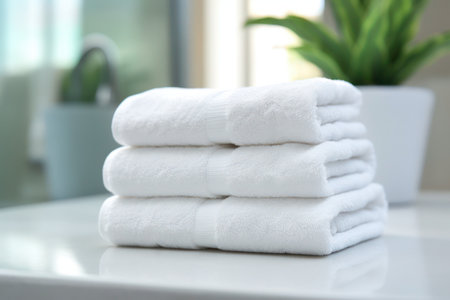 stack of clean white towels on a table with blur backgroundの素材