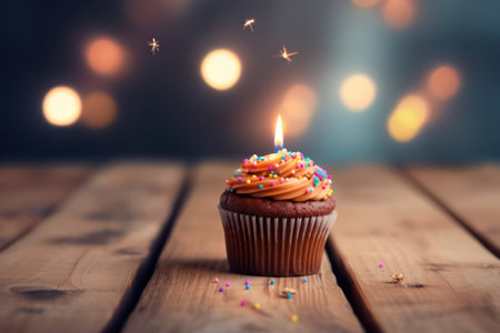 a cupcake with a candle sitting on top of a wooden tableの素材