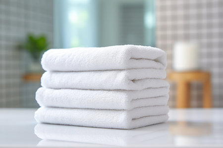 stack of clean white towels on a table with blur backgroundの素材
