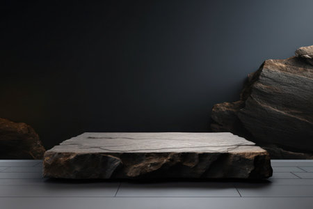 a large flat rock podium in a dark roomの素材