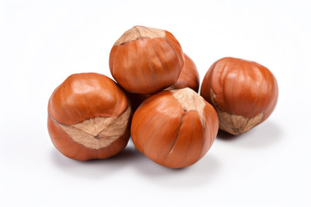a pile of Hazelnuts sitting on top of each other isolated on white backgroundの素材