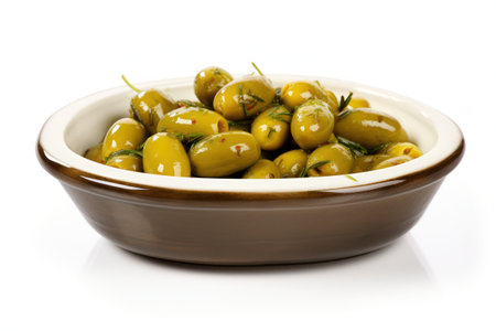 a bowl of green olives on a white backgroundの素材