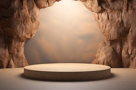 empty wooden podium platform in a caveの素材