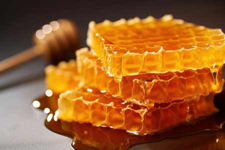 a close up of honeycombs with a wooden spoonの素材