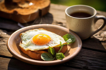 A plate of toast with an egg on it and a cup of coffeeの素材
