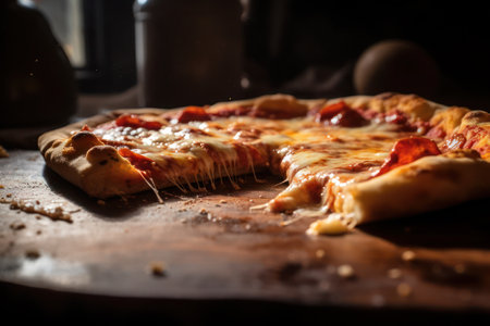 a slice of pepperoni pizza on a wooden cutting boardの素材