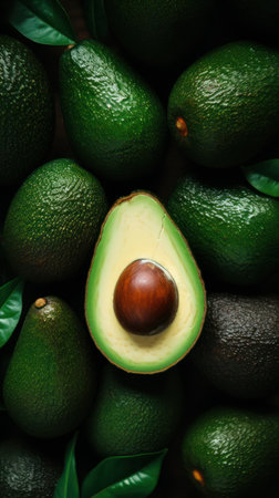 a bunch of green avocados on a wooden tableの素材