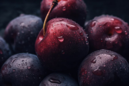 a bunch of plums with water droplets on themの素材