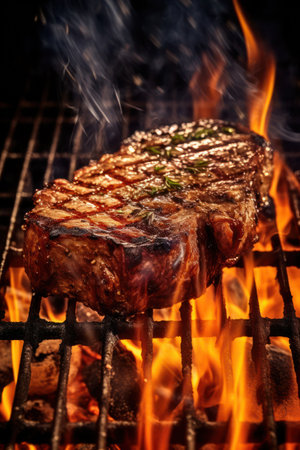 a beef steak is being cooked on a grill with fire flamesの素材