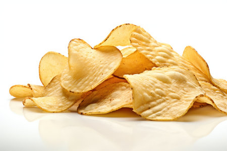 A pile of potato chips on a white backgroundの素材